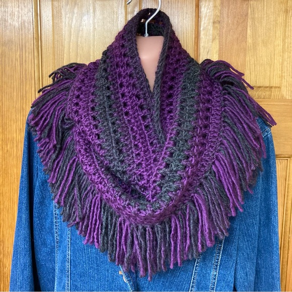 Vibrant, Soft, Handmade purple and gray fringed cowl neck scarf . Boho style - Picture 6 of 6